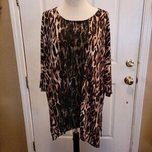Women's Chico's Top Blouse Black Lace Brown Animal Cheetah Print Popover Size 1